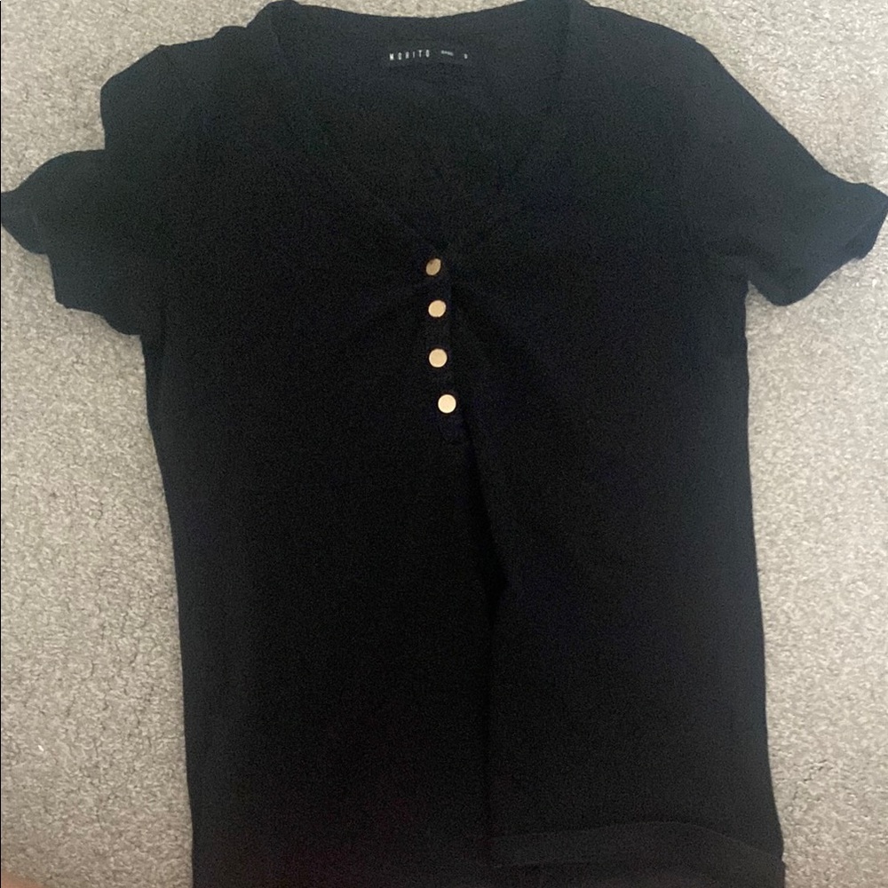 Edikted Black Fitted Polo T-Shirt with Gold Buttons